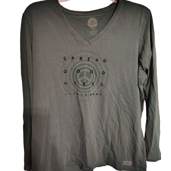 Life is Good XXL Spread Good Vibes Sage Green Long Sleeve T-Shirt, Peace Sign - Picture 1 of 4